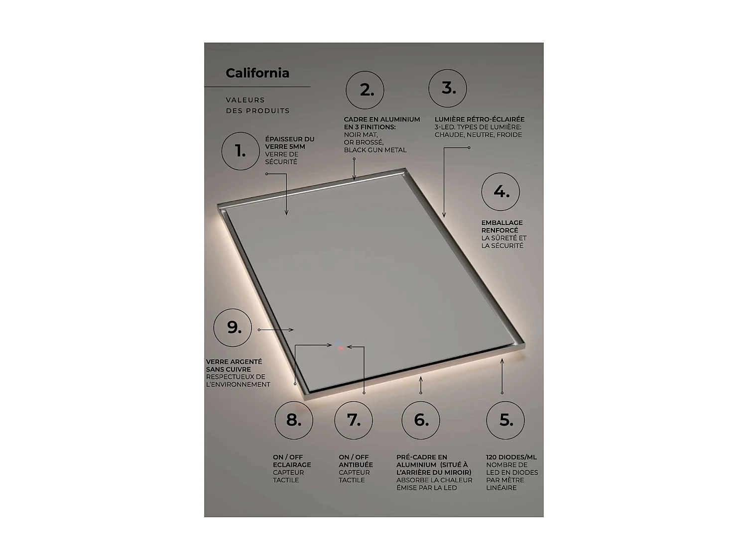 Miroir Salle de Bain CALIFORNIA - 120x80cm - Or Brossé - T° Led Variable - Tactiles On/Off & Anti-Buée - LEDIMEX