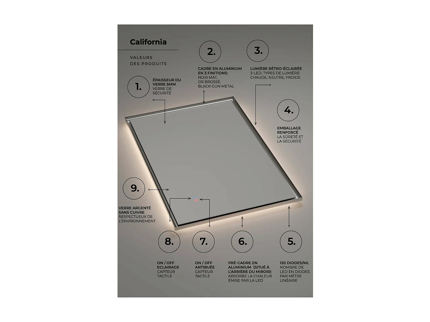 Miroir Salle de Bain CALIFORNIA - 100x80cm - Noir BGM - T° Led Variable - Tactiles On/Off & Anti-Buée - LEDIMEX