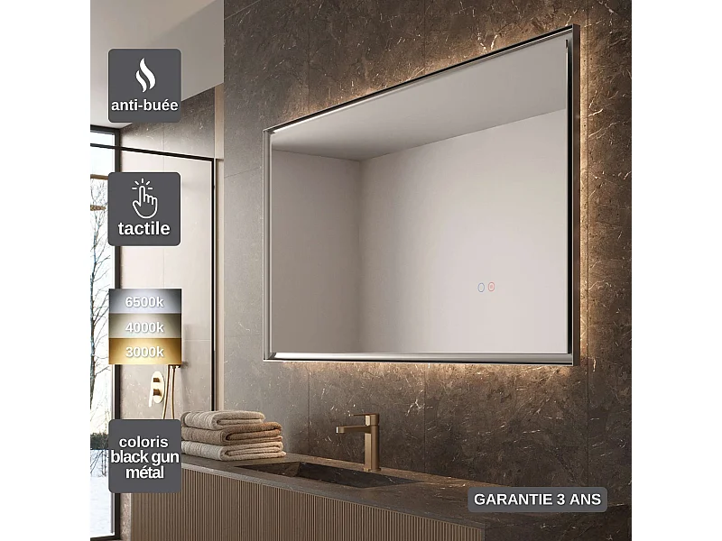 Miroir Salle de Bain CALIFORNIA - 100x80cm - Noir BGM - T° Led Variable - Tactiles On/Off & Anti-Buée - LEDIMEX