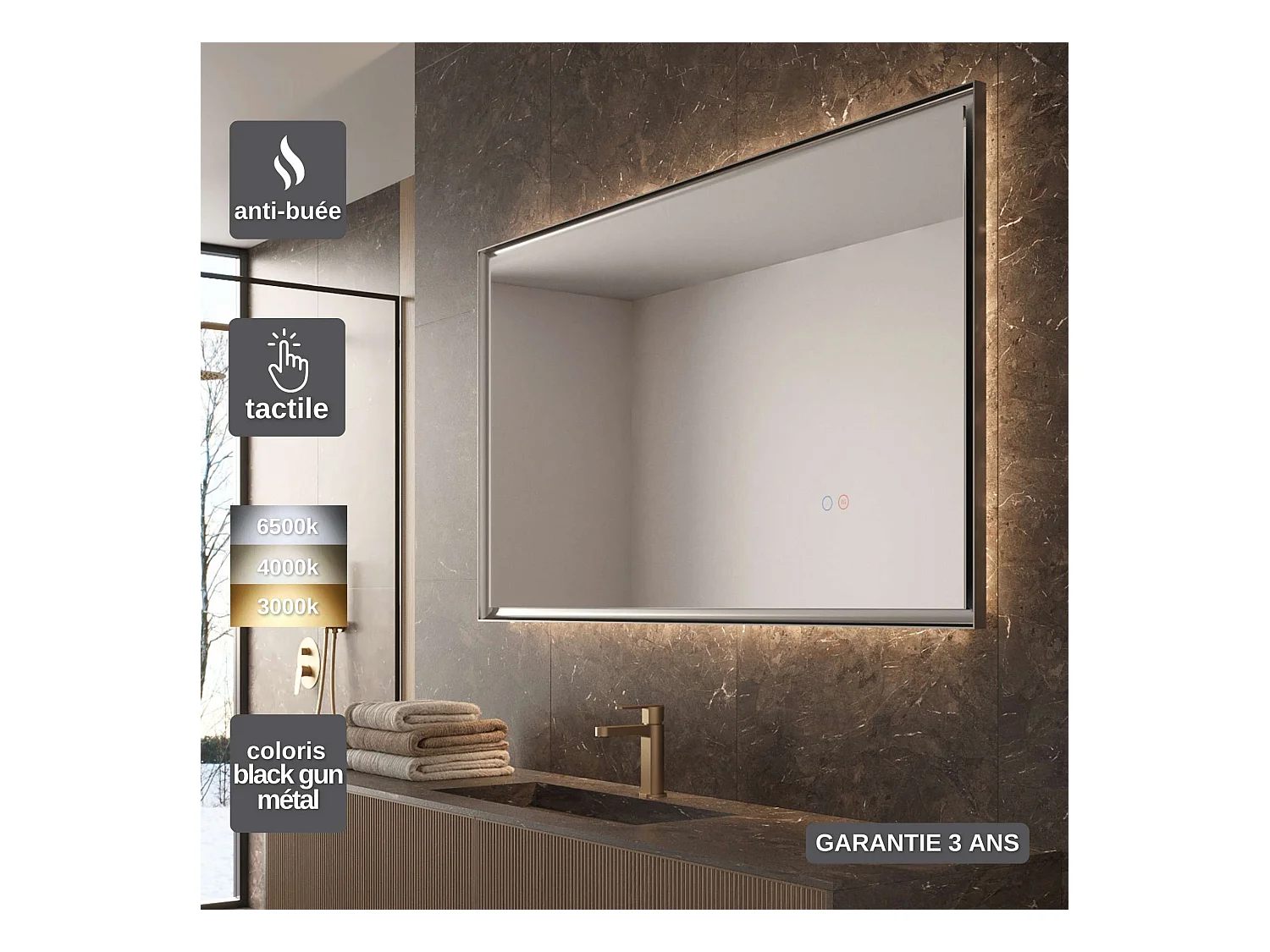 Miroir Salle de Bain CALIFORNIA - 120x80cm - Noir BGM - T° Led Variable - Tactiles On/Off & Anti-Buée - LEDIMEX