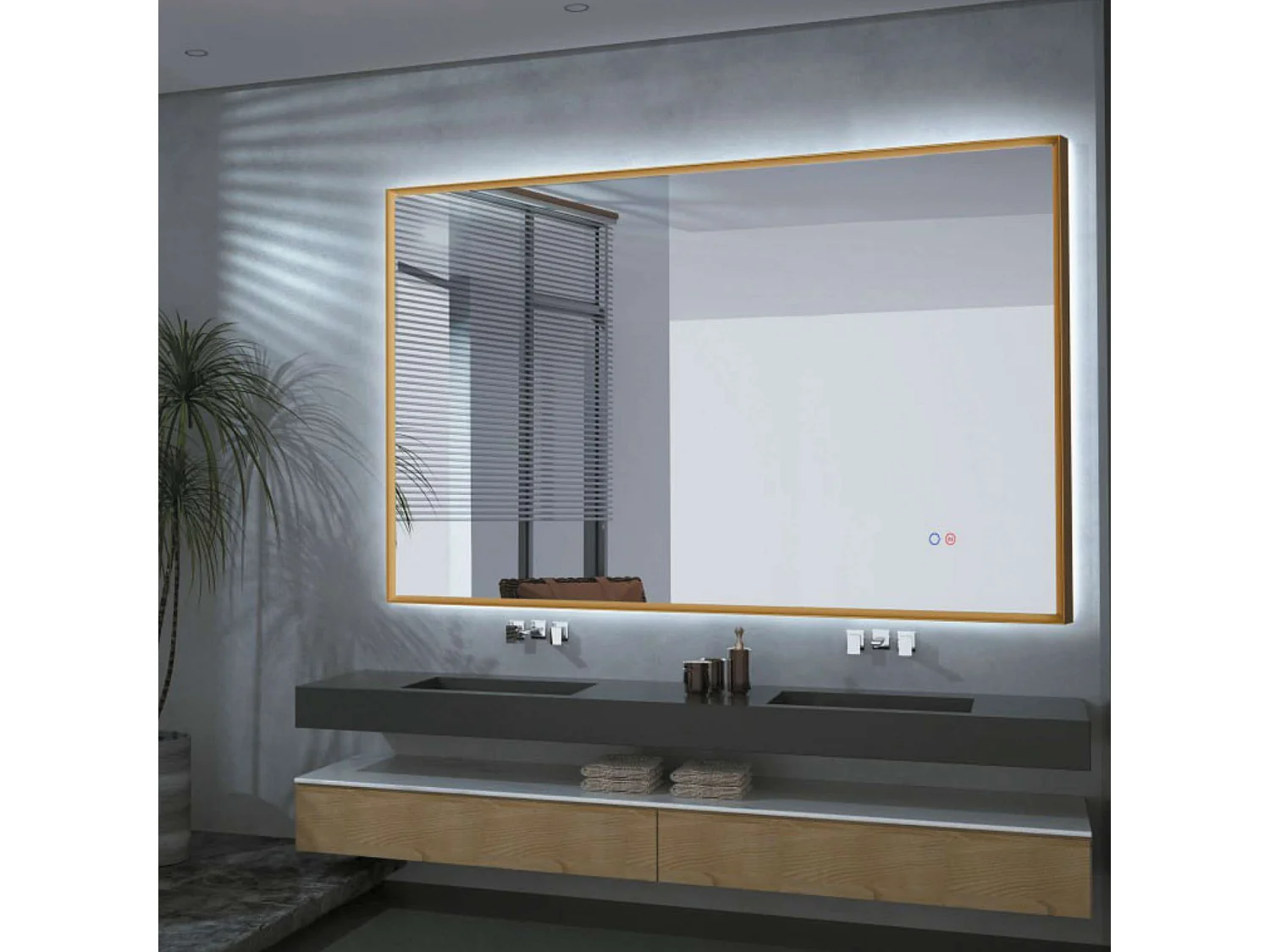 Miroir Salle de Bain CALIFORNIA - 100x80cm - Or Brossé - T° Led Variable - Tactiles On/Off & Anti-Buée - LEDIMEX