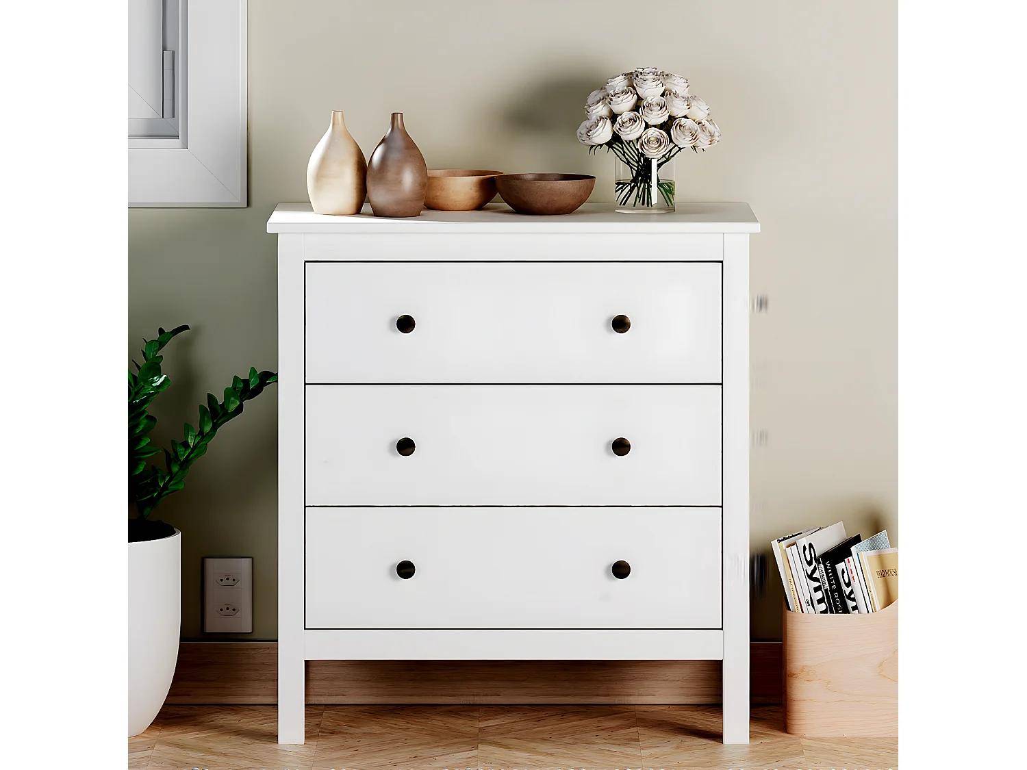 Commode, meuble de rangement avec 3 tiroirs coloris blanc - L. 76 x P. 40 x H. 81 cm