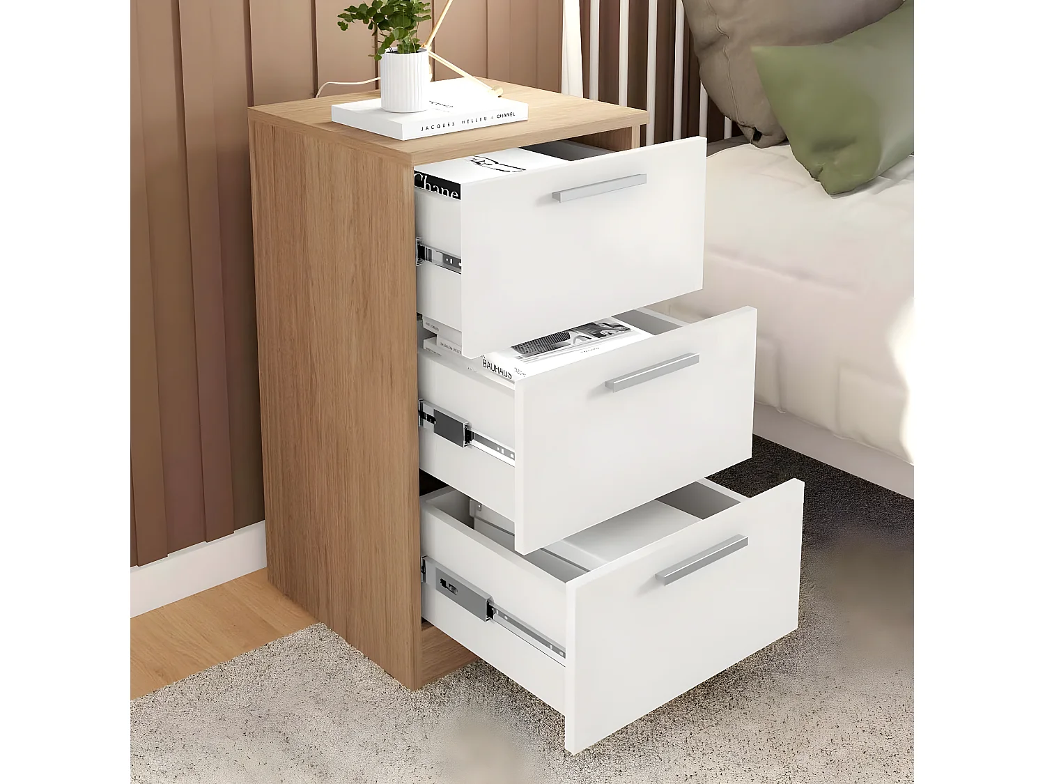 Table de chevet, table de nuit avec 3 tiroirs coloris Blanc, chêne cambrian