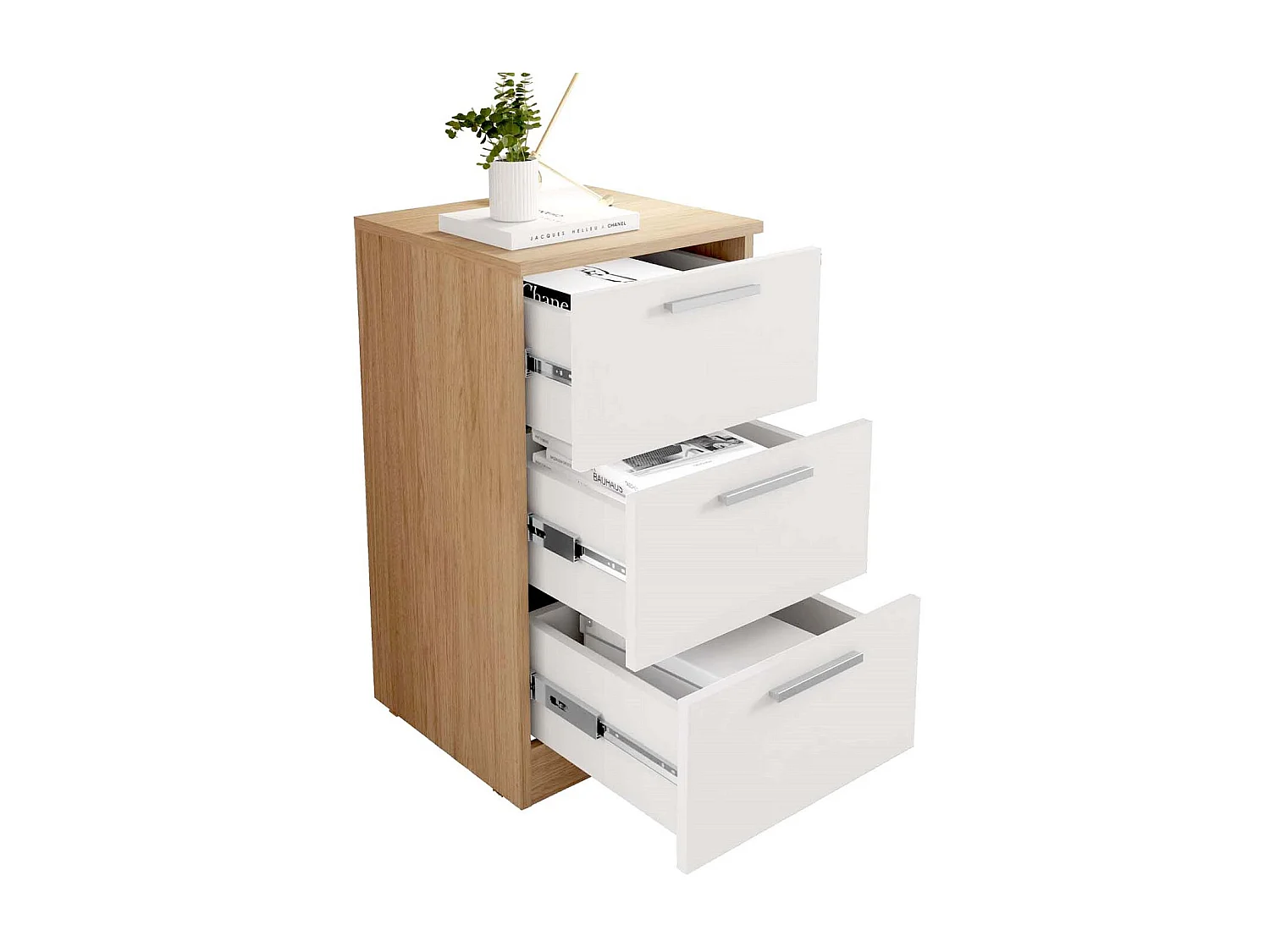 Table de chevet, table de nuit avec 3 tiroirs coloris Blanc, chêne cambrian