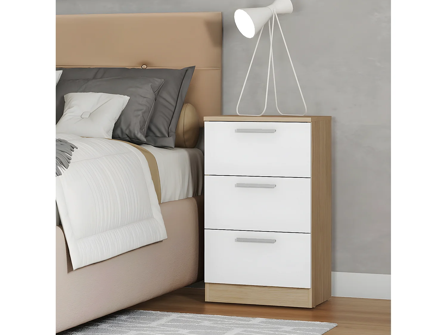 Table de chevet, table de nuit avec 3 tiroirs coloris Blanc, chêne cambrian