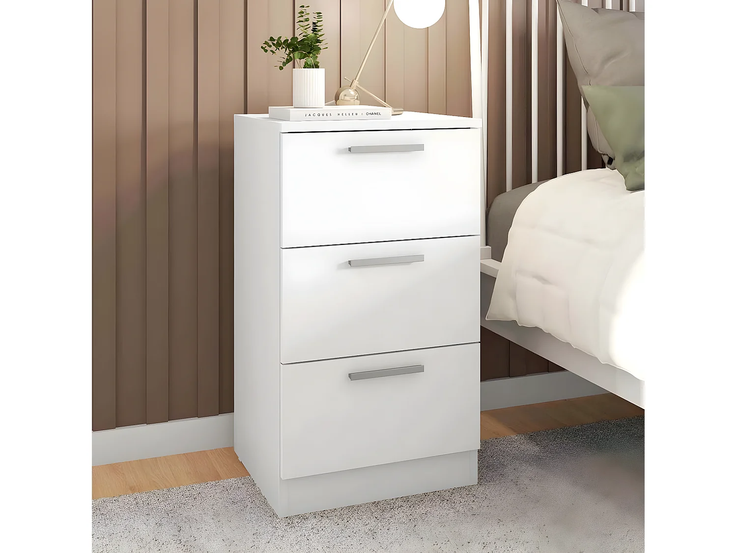 Table de chevet, table de nuit avec 3 tiroirs coloris Blanc - L. 38 x P. 36 x H. 68 cm