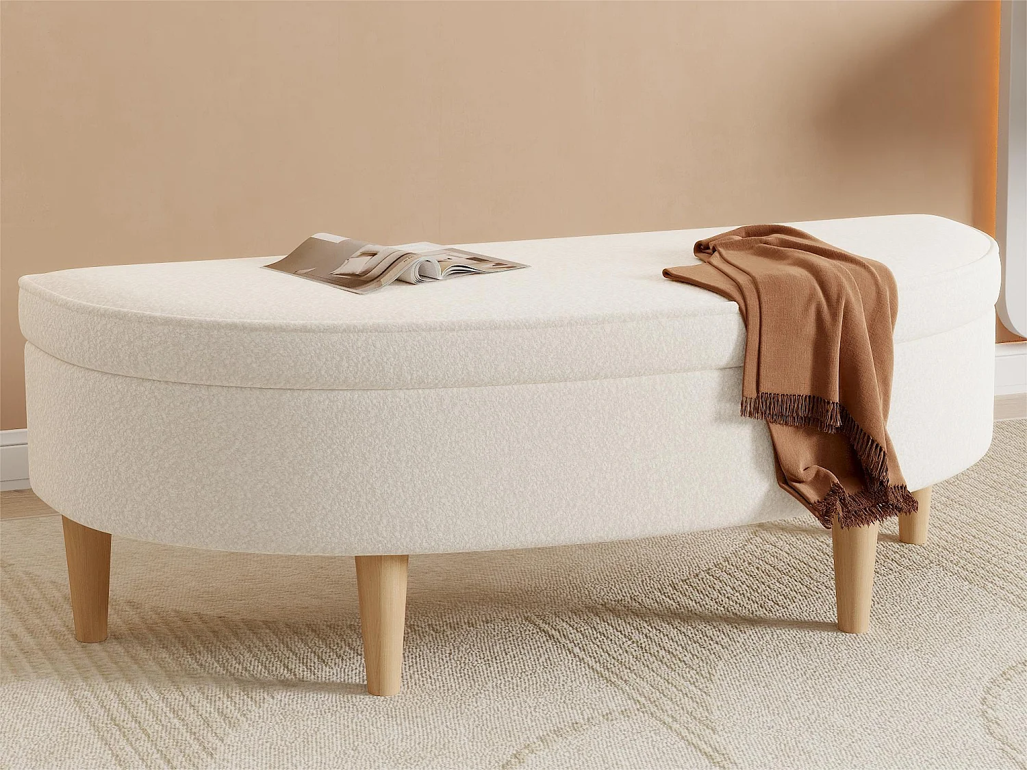 Banco arcón semicircular tapizado en cachemira - patas de madera - Blanco