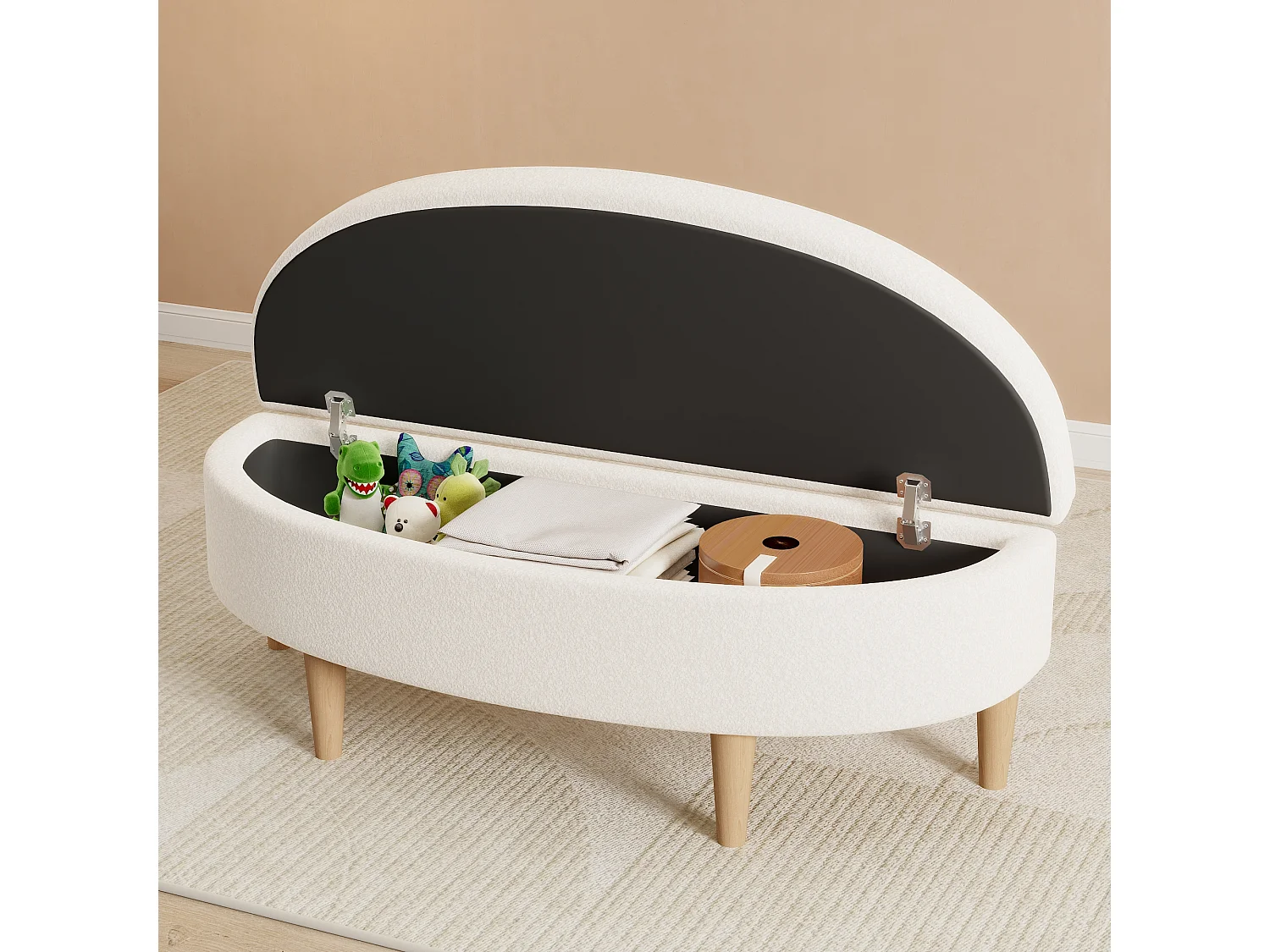 Banco arcón semicircular tapizado en cachemira - patas de madera - Blanco