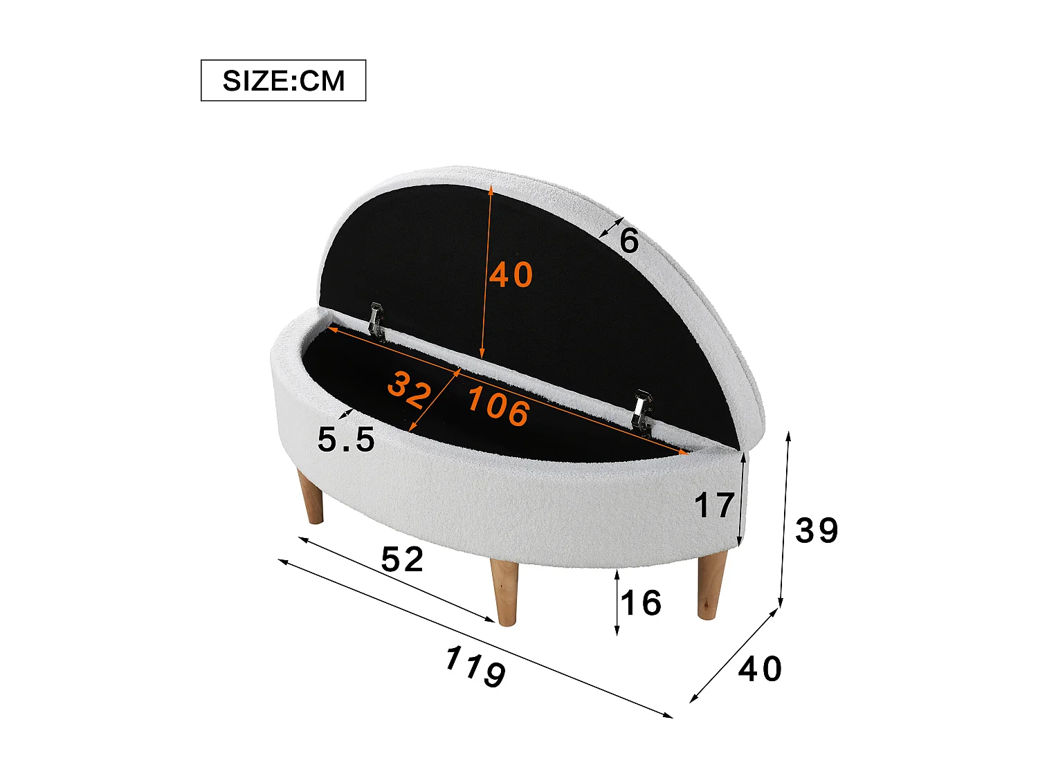 Banco arcón semicircular tapizado en cachemira - patas de madera - Blanco