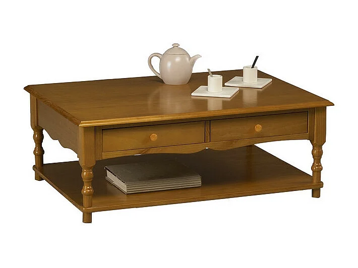 Table Basse Rectangle Pin Miel Style Anglais 2 Tiroirs 1 Niche L 100 H 38 P 70 cm