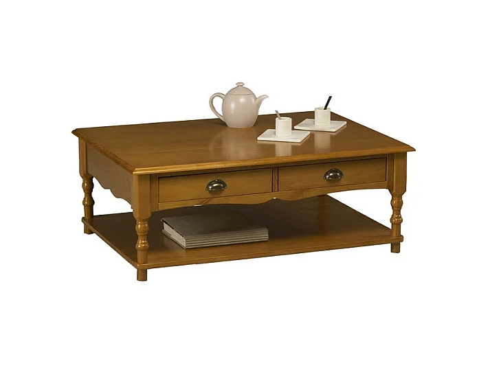 Table Basse Rectangle Pin Miel Style Anglais 2 Tiroirs 1 Niche L 100 H 38 P 70 cm