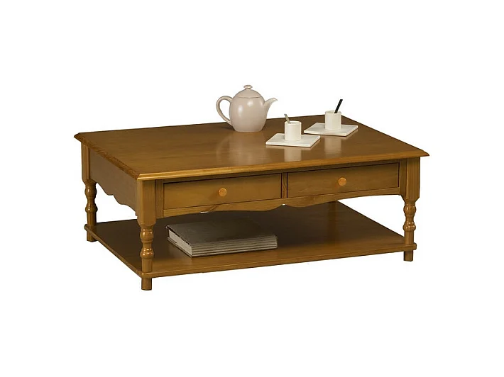Table Basse Rectangle Pin Miel Style Anglais 2 Tiroirs 1 Niche L 100 H 38 P 70 cm