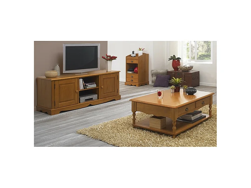 Table Basse Rectangle Pin Miel Style Anglais 2 Tiroirs 1 Niche L 100 H 38 P 70 cm