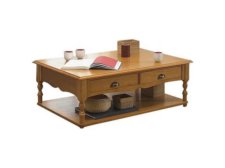 Table Basse Rectangle Pin Miel Style Anglais 2 Tiroirs 1 Niche L 100 H 38 P 70 cm