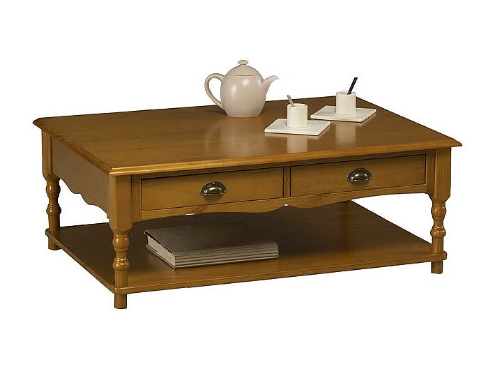 Table Basse Rectangle Pin Miel Style Anglais 2 Tiroirs 1 Niche L 100 H 38 P 70 cm