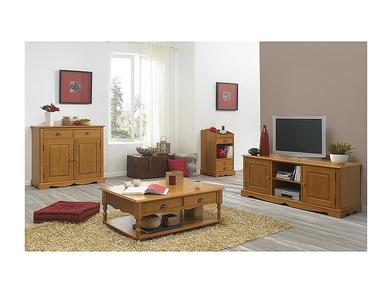 Buffet Pin Miel 2 Portes 2 Tiroirs 2 Niches Style Anglais L 101 H 90 P 42 cm