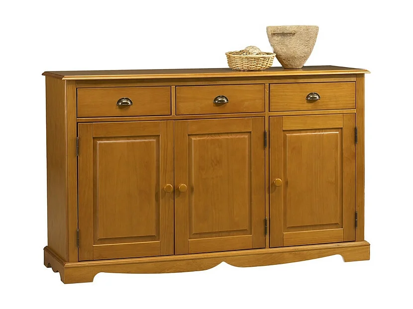 Buffet Bas 3 Portes 3 Tiroirs Pin Miel de Style Anglais L 146.6 H 89.6 P 42.5 cm