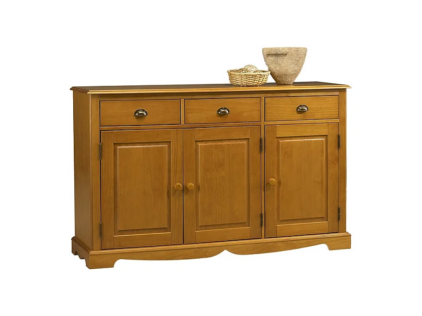 Buffet Bas 3 Portes 3 Tiroirs Pin Miel de Style Anglais L 146.6 H 89.6 P 42.5 cm