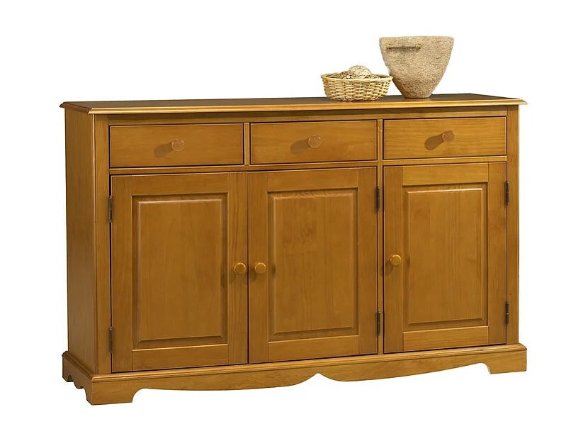 Buffet Bas 3 Portes 3 Tiroirs Pin Miel de Style Anglais L 146.6 H 89.6 P 42.5 cm