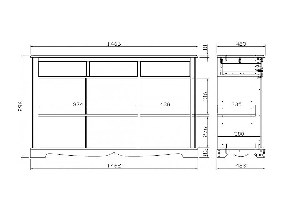 Buffet Bas 3 Portes 3 Tiroirs Pin Miel de Style Anglais L 146.6 H 89.6 P 42.5 cm