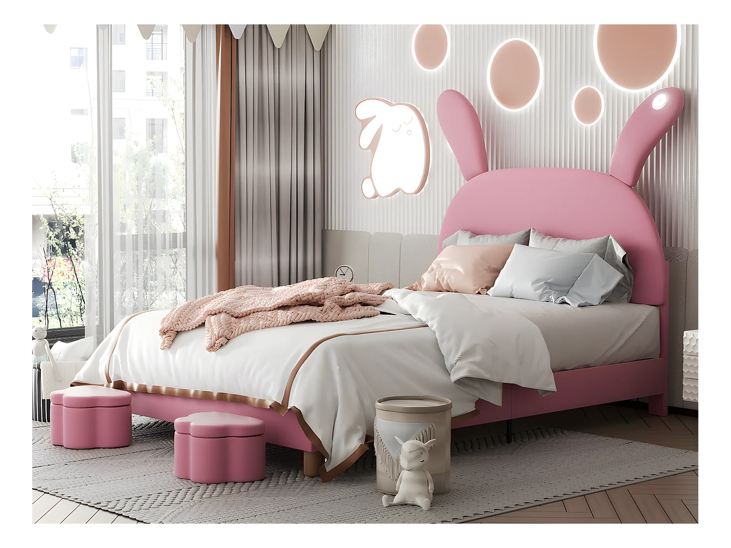 Lit enfant rembourré en velours - 140x200 cm - oreilles de lapin rabattables avec LED - tête de lit réglable en hauteur - 2 tabourets de rangement - Rose