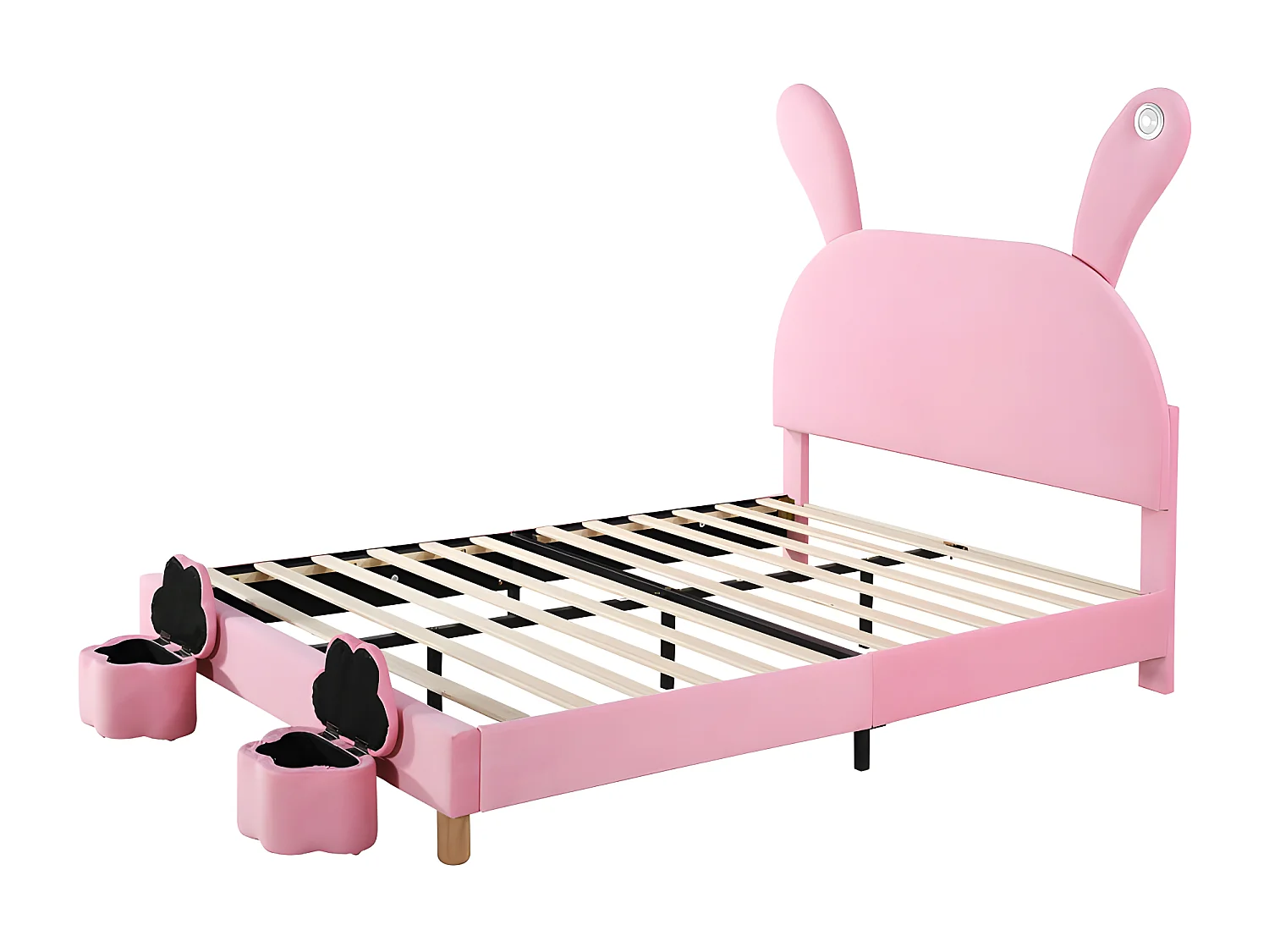Letto per bambini in velluto - 140x200 cm - orecchie di coniglio pieghevoli con LED - 2 sgabelli portaoggetti - Rosa