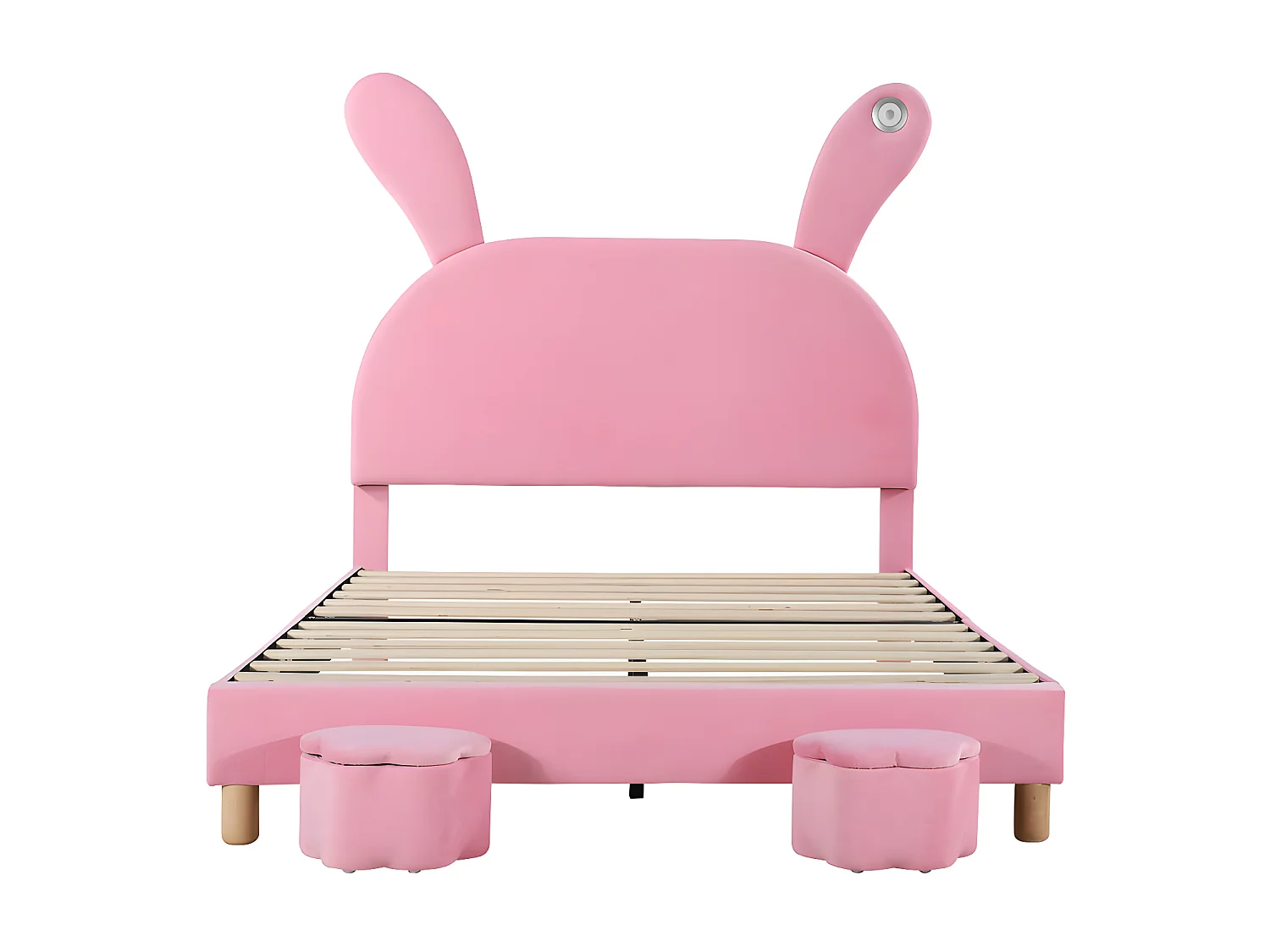 Letto per bambini in velluto - 140x200 cm - orecchie di coniglio pieghevoli con LED - 2 sgabelli portaoggetti - Rosa