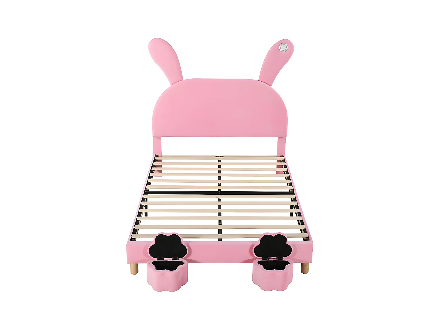 Letto per bambini in velluto - 140x200 cm - orecchie di coniglio pieghevoli con LED - 2 sgabelli portaoggetti - Rosa