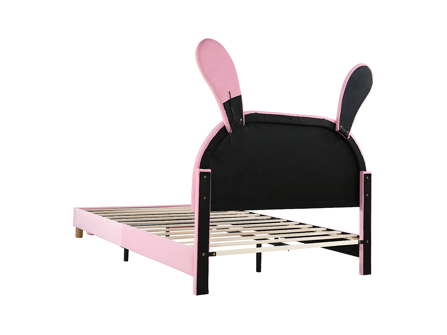 Letto per bambini in velluto - 140x200 cm - orecchie di coniglio pieghevoli con LED - 2 sgabelli portaoggetti - Rosa