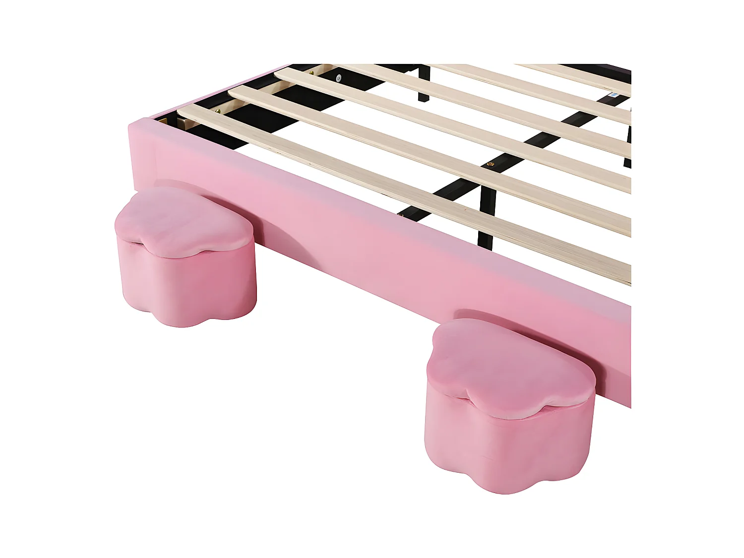 Letto per bambini in velluto - 140x200 cm - orecchie di coniglio pieghevoli con LED - 2 sgabelli portaoggetti - Rosa