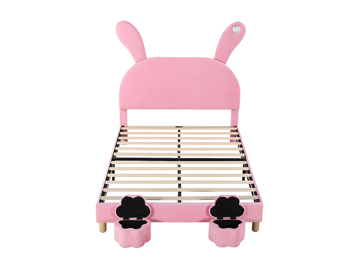 Samt-Kinderbett – 140 x 200 cm – faltbare Hasenohren mit LED – 2 Aufbewahrungshocker – Rosa