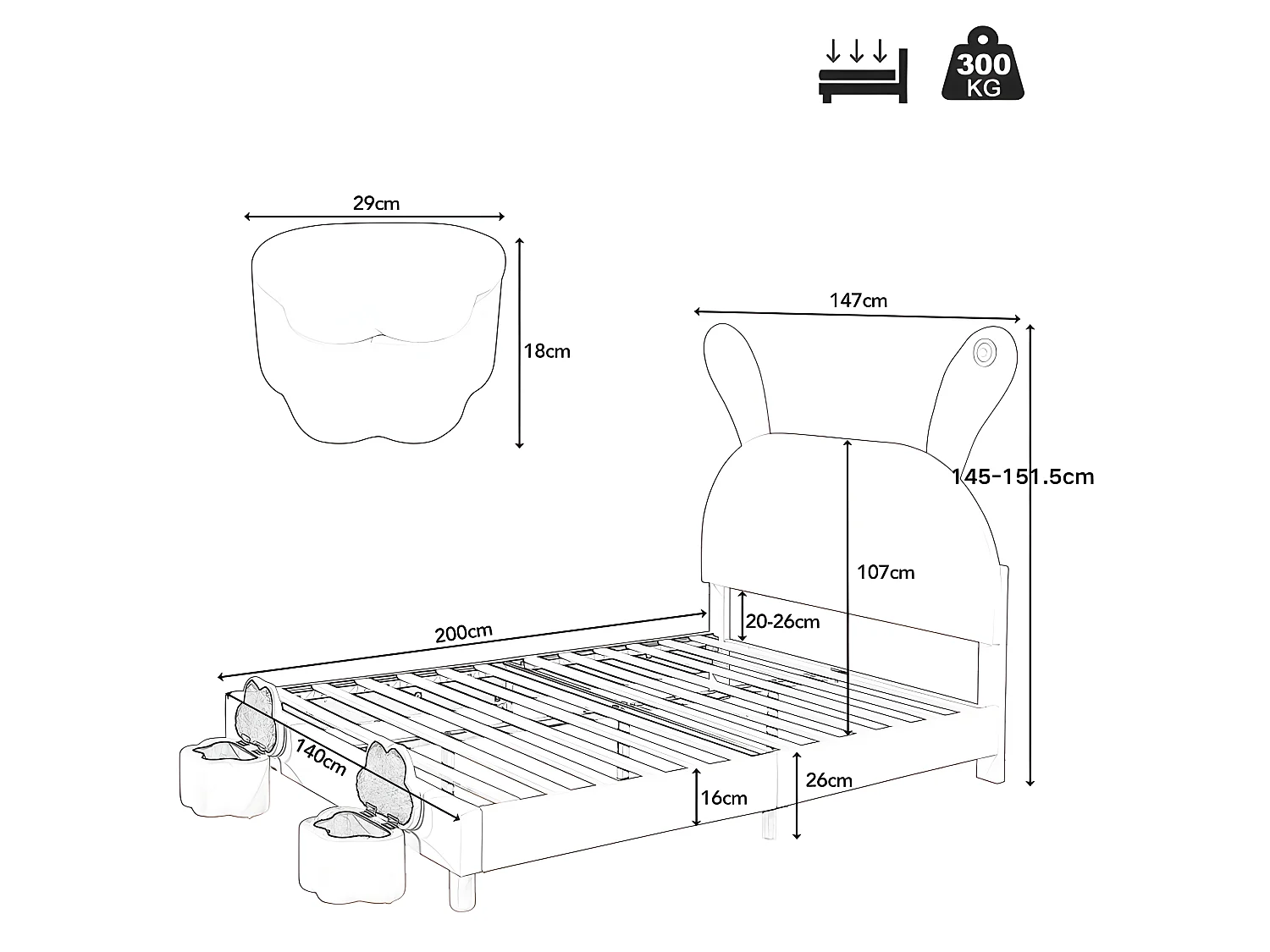 Samt-Kinderbett – 140 x 200 cm – faltbare Hasenohren mit LED – 2 Aufbewahrungshocker – Rosa