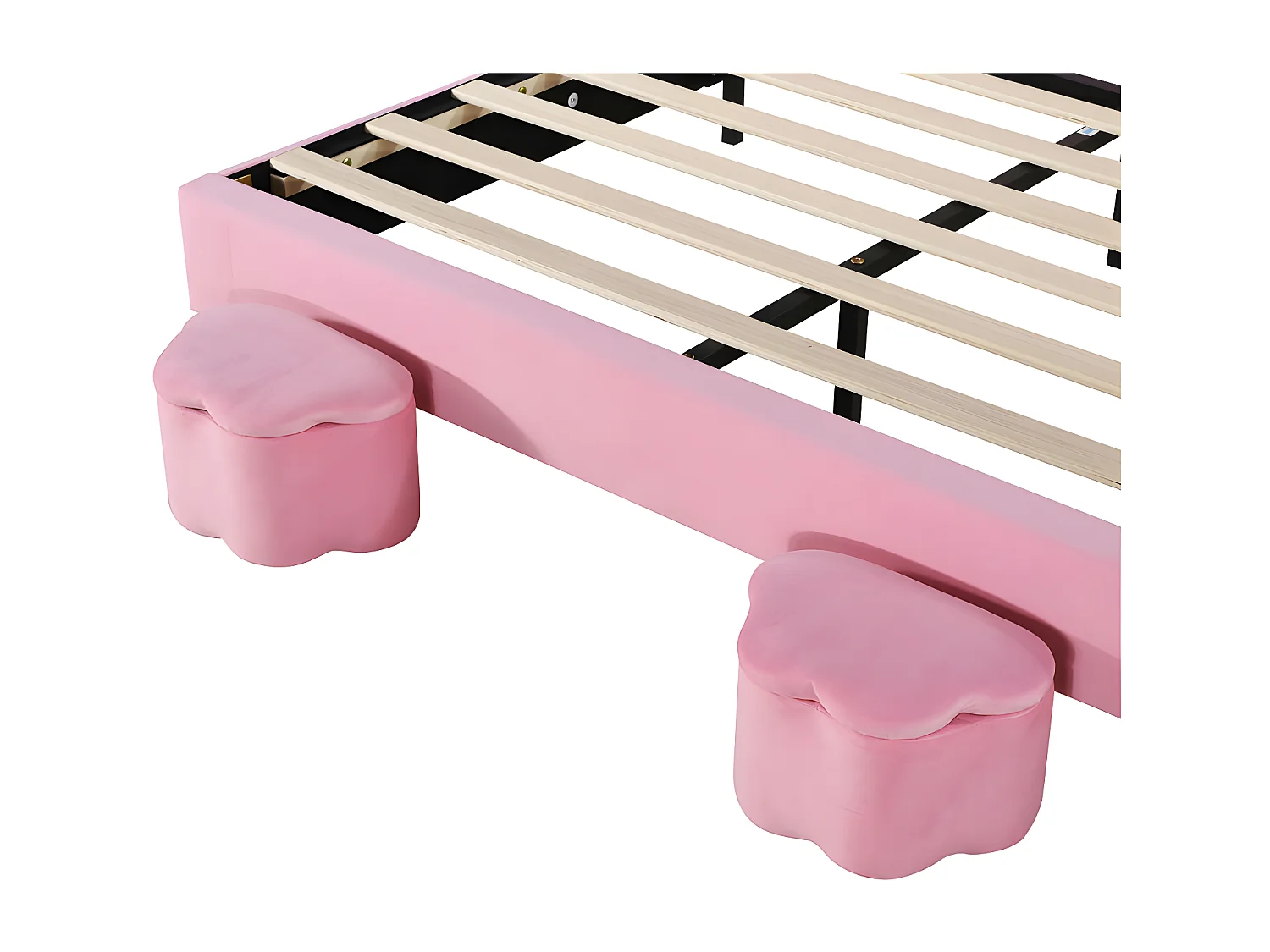 Samt-Kinderbett – 140 x 200 cm – faltbare Hasenohren mit LED – 2 Aufbewahrungshocker – Rosa