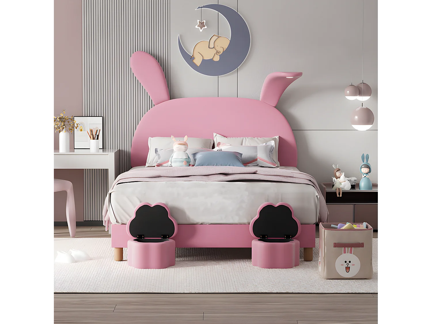 Lit enfant rembourré en velours - 140x200 cm - oreilles de lapin rabattables avec LED - tête de lit réglable en hauteur - 2 tabourets de rangement - Rose