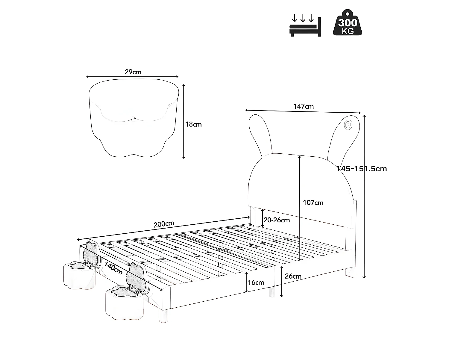 Lit enfant rembourré en velours - 140x200 cm - oreilles de lapin rabattables avec LED - tête de lit réglable en hauteur - 2 tabourets de rangement - Rose