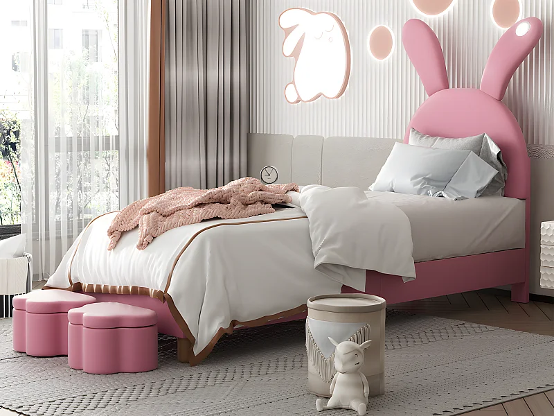 Samt-Kinderbett – 90 x 200 cm – klappbare Hasenohren mit LED – 2 Aufbewahrungshocker – Rosa