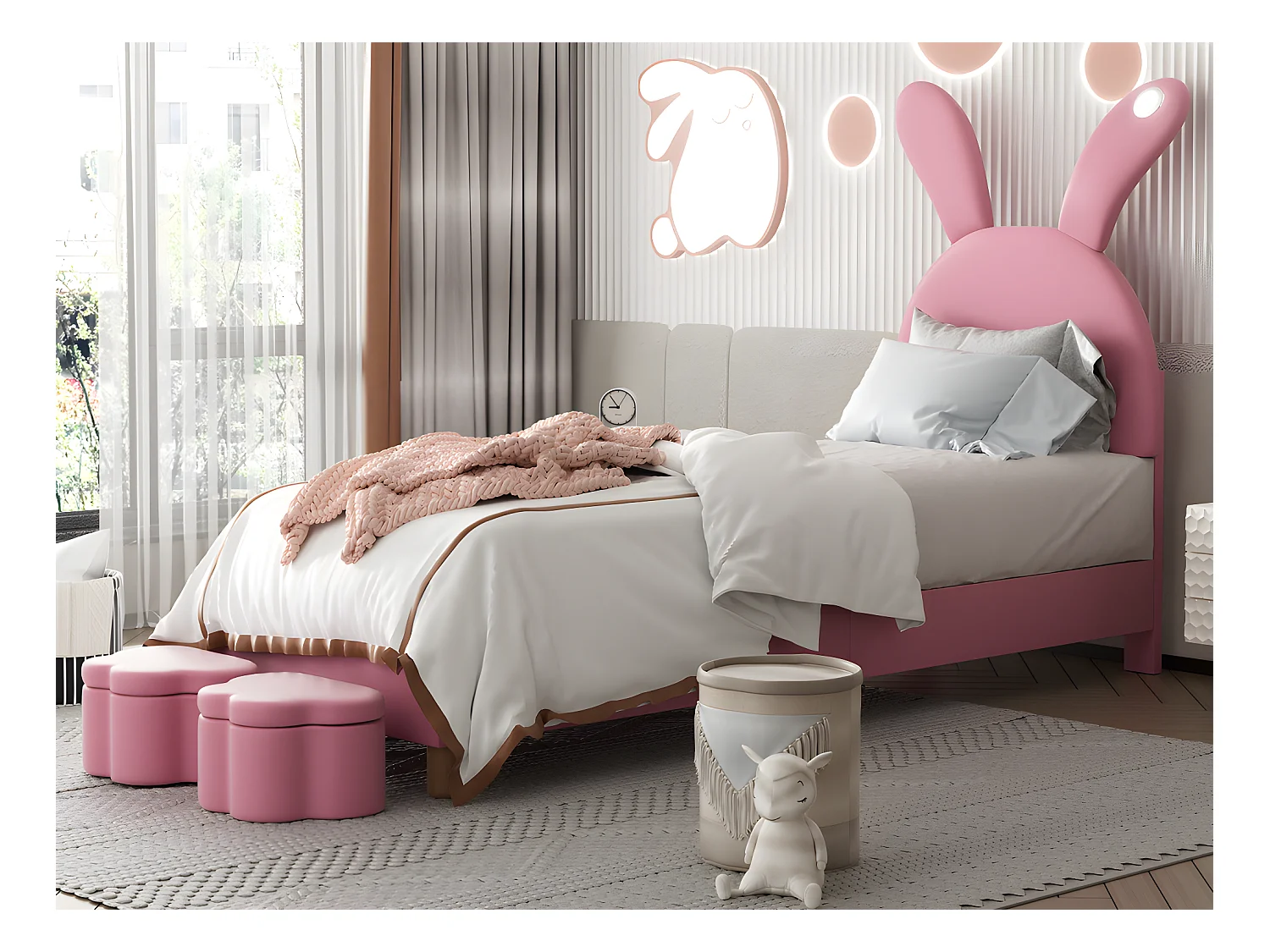 Lit enfant rembourré en velours - 90x200 cm - oreilles de lapin rabattables avec LED - tête de lit réglable en hauteur - 2 tabourets de rangement - Rose