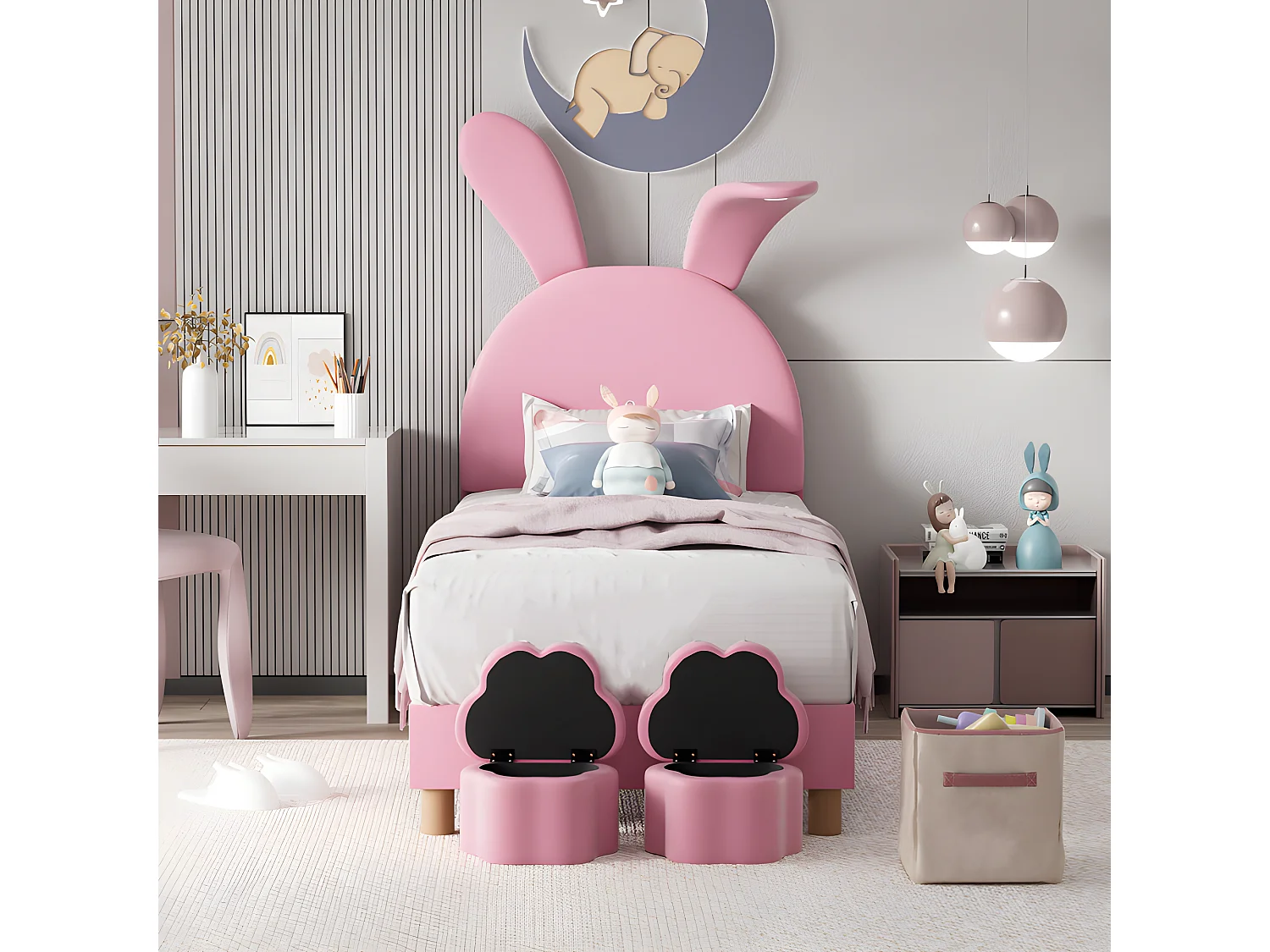 Fluwelen kinderbed - 90x200 cm - opvouwbare konijnenoren met LED - 2 opbergkrukjes - Roze