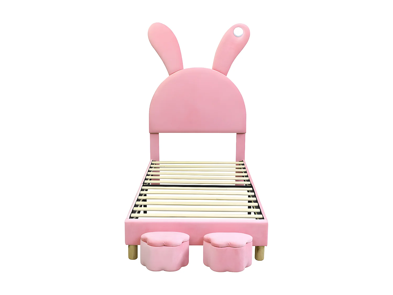 Fluwelen kinderbed - 90x200 cm - opvouwbare konijnenoren met LED - 2 opbergkrukjes - Roze