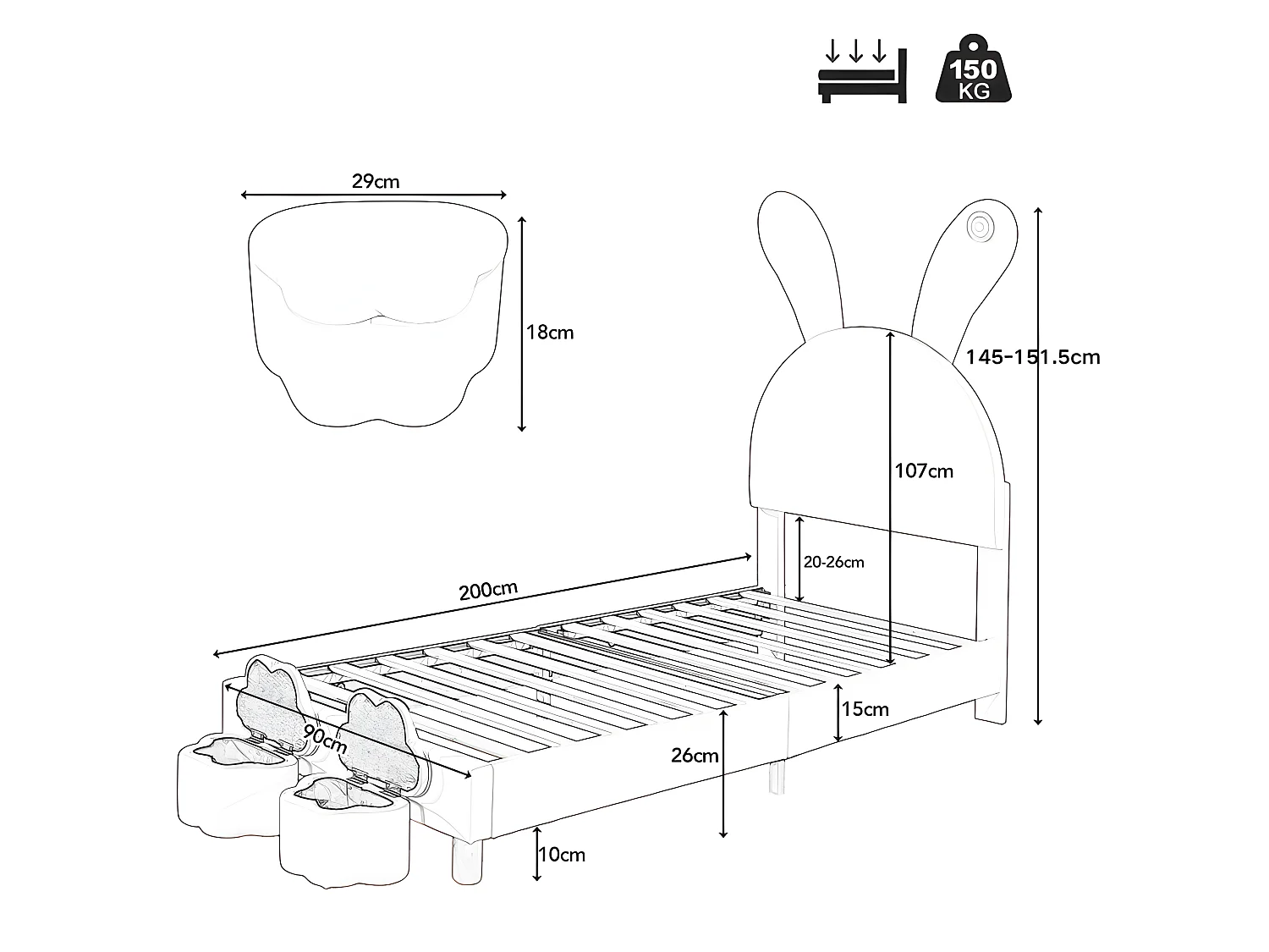 Fluwelen kinderbed - 90x200 cm - opvouwbare konijnenoren met LED - 2 opbergkrukjes - Roze