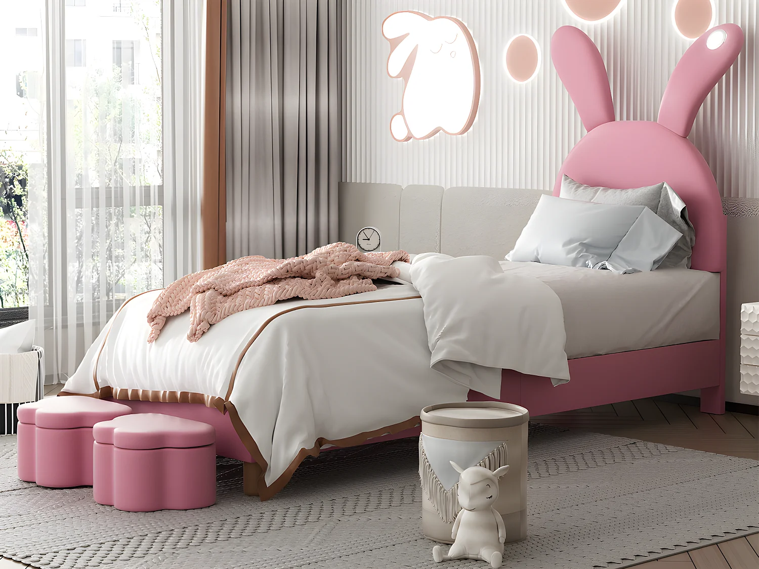 Samt-Kinderbett – 90 x 200 cm – klappbare Hasenohren mit LED – 2 Aufbewahrungshocker – Rosa