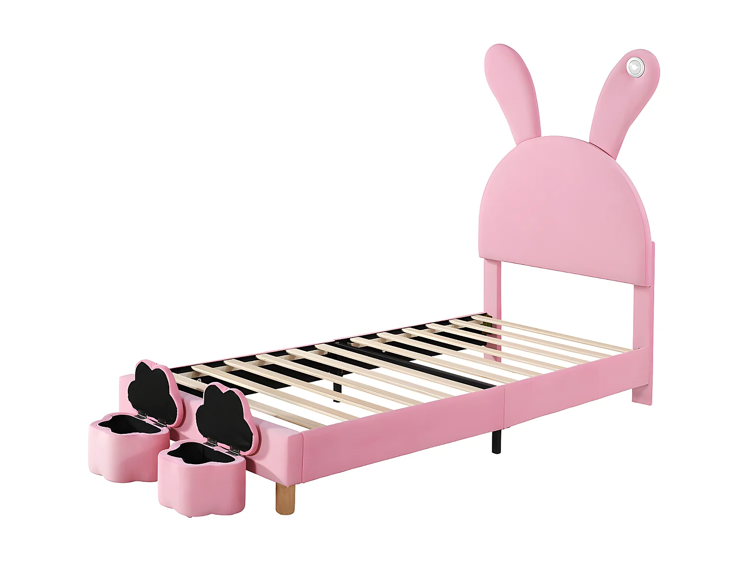 Samt-Kinderbett – 90 x 200 cm – klappbare Hasenohren mit LED – 2 Aufbewahrungshocker – Rosa