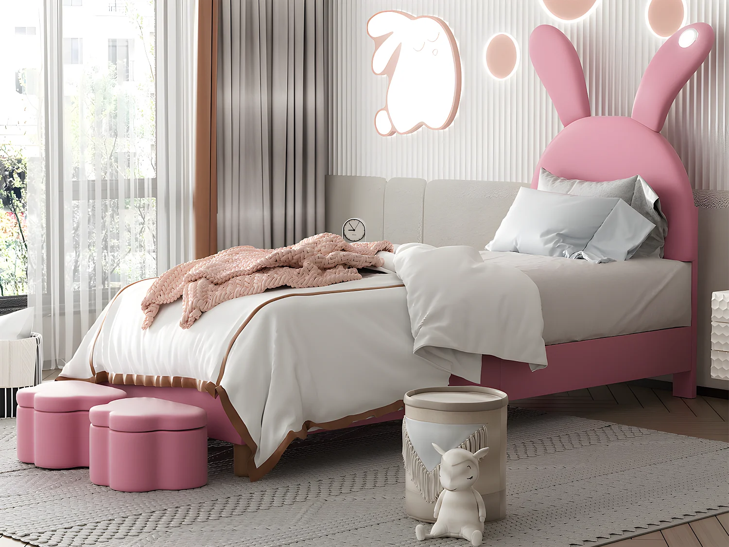 Fluwelen kinderbed - 90x200 cm - opvouwbare konijnenoren met LED - 2 opbergkrukjes - Roze