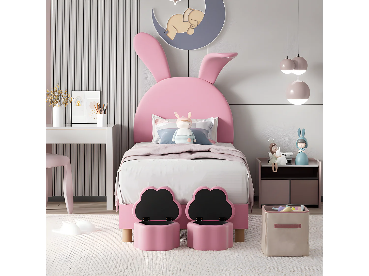 Fluwelen kinderbed - 90x200 cm - opvouwbare konijnenoren met LED - 2 opbergkrukjes - Roze