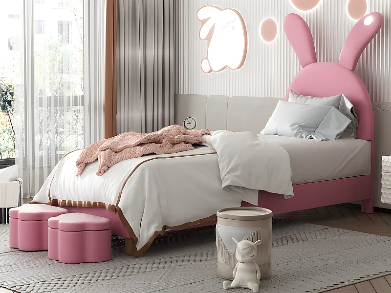 Lit enfant rembourré en velours - 90x200 cm - oreilles de lapin rabattables avec LED - tête de lit réglable en hauteur - 2 tabourets de rangement - Rose