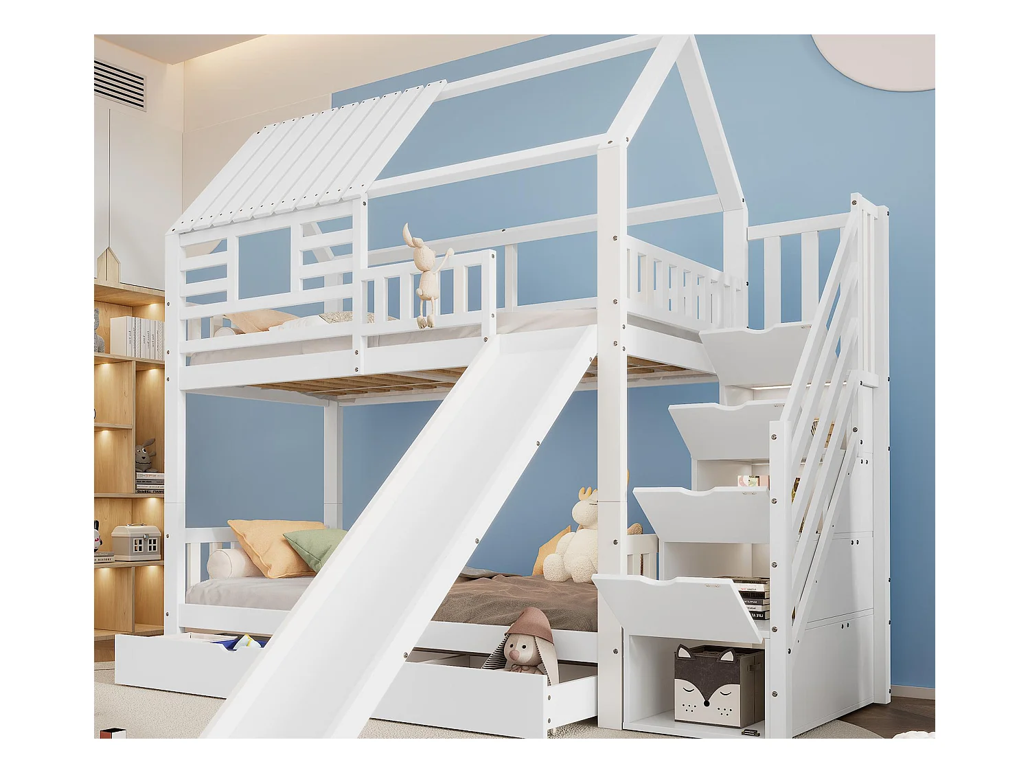 Lit superposé 90x200cm en bois et MDF - avec toboggan et escalier de rangement - un grand tiroir sous le lit - Blanc