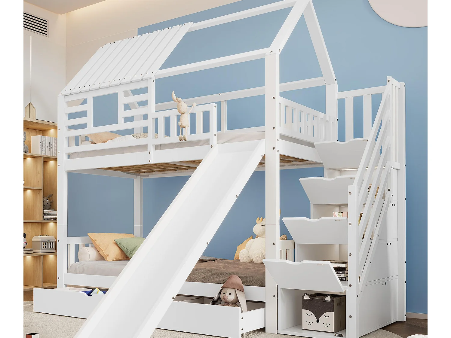 Letto a castello 90x200 cm in legno e MDF - con scivolo e scala portaoggetti - un ampio cassetto sotto il letto - Bianco