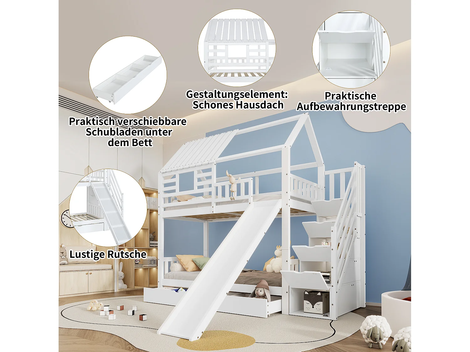 Letto a castello 90x200 cm in legno e MDF - con scivolo e scala portaoggetti - un ampio cassetto sotto il letto - Bianco