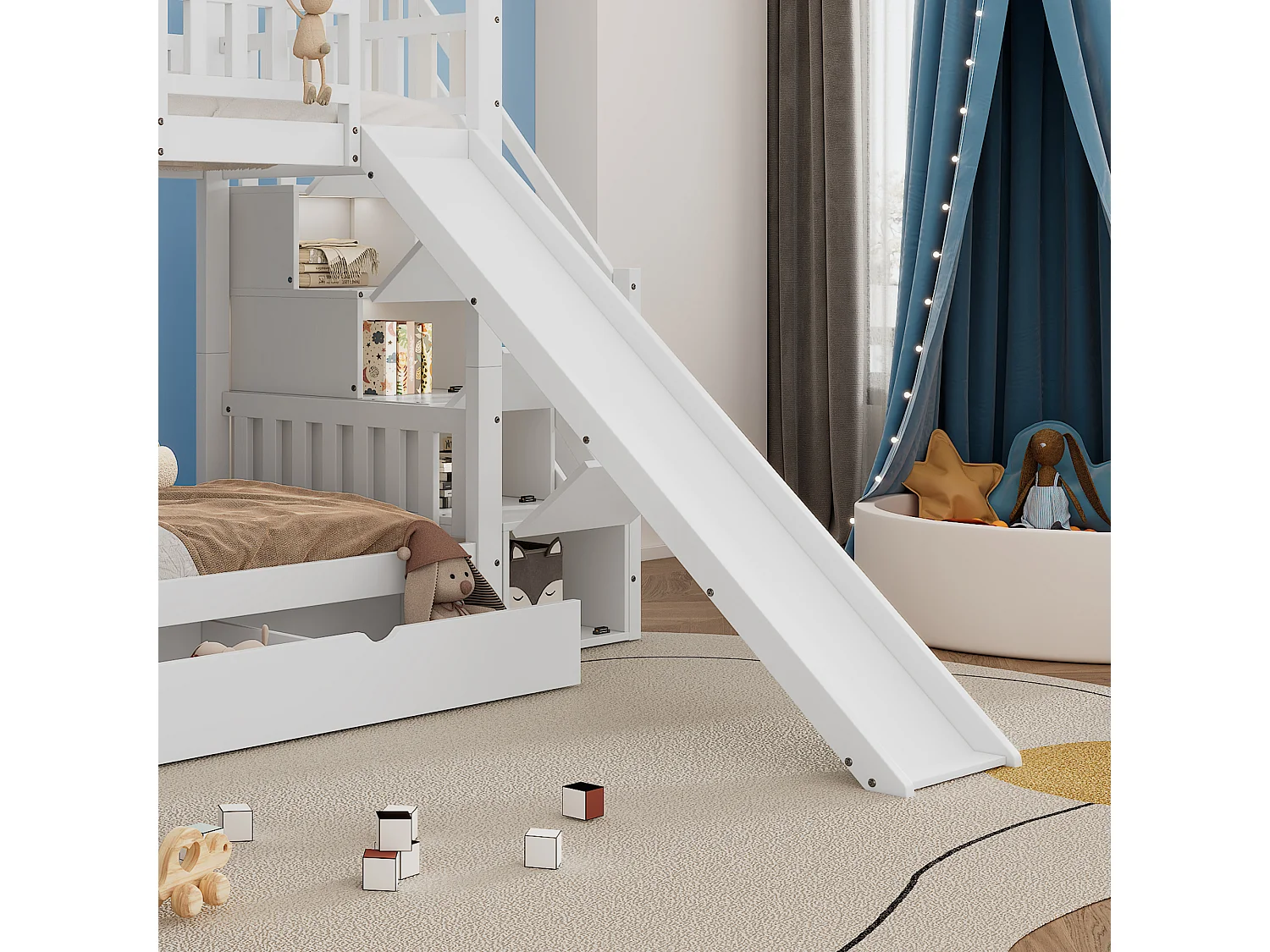 Letto a castello 90x200 cm in legno e MDF - con scivolo e scala portaoggetti - un ampio cassetto sotto il letto - Bianco