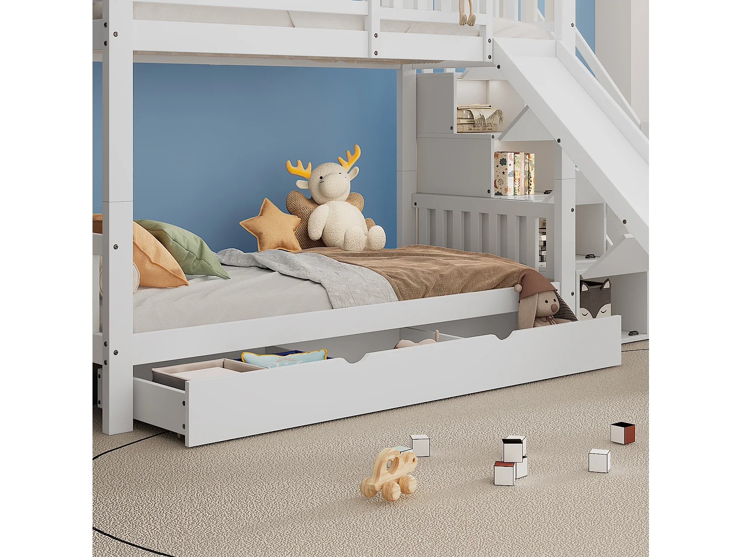 Letto a castello 90x200 cm in legno e MDF - con scivolo e scala portaoggetti - un ampio cassetto sotto il letto - Bianco